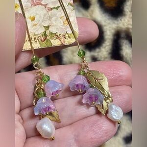 Purple and Pink Floral Earrings Pearl Accents